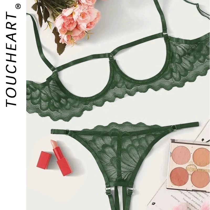 Toucheart 2-piece Set Showing Breasts Sexy Interesting Underwear Women Solid Color Mesh Hollow Out See-through Sexy Lingerie Set