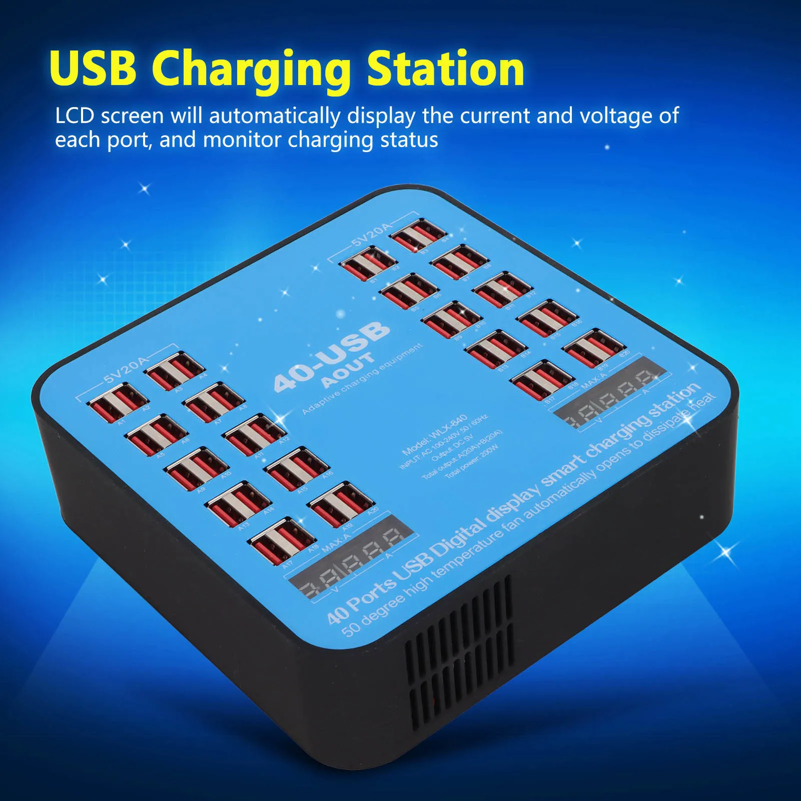 Cell Phone Charging Station Multiport USB Charging Station WLX‑840 Phone Charging Hub 40 Port 200W for Cell Phone Tablet