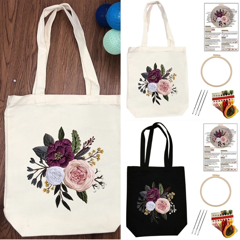 Embroidery Starter Kits Canvas Handbag Embroidery Set Handmade Bag Embroidery Kits with Flower Pattern