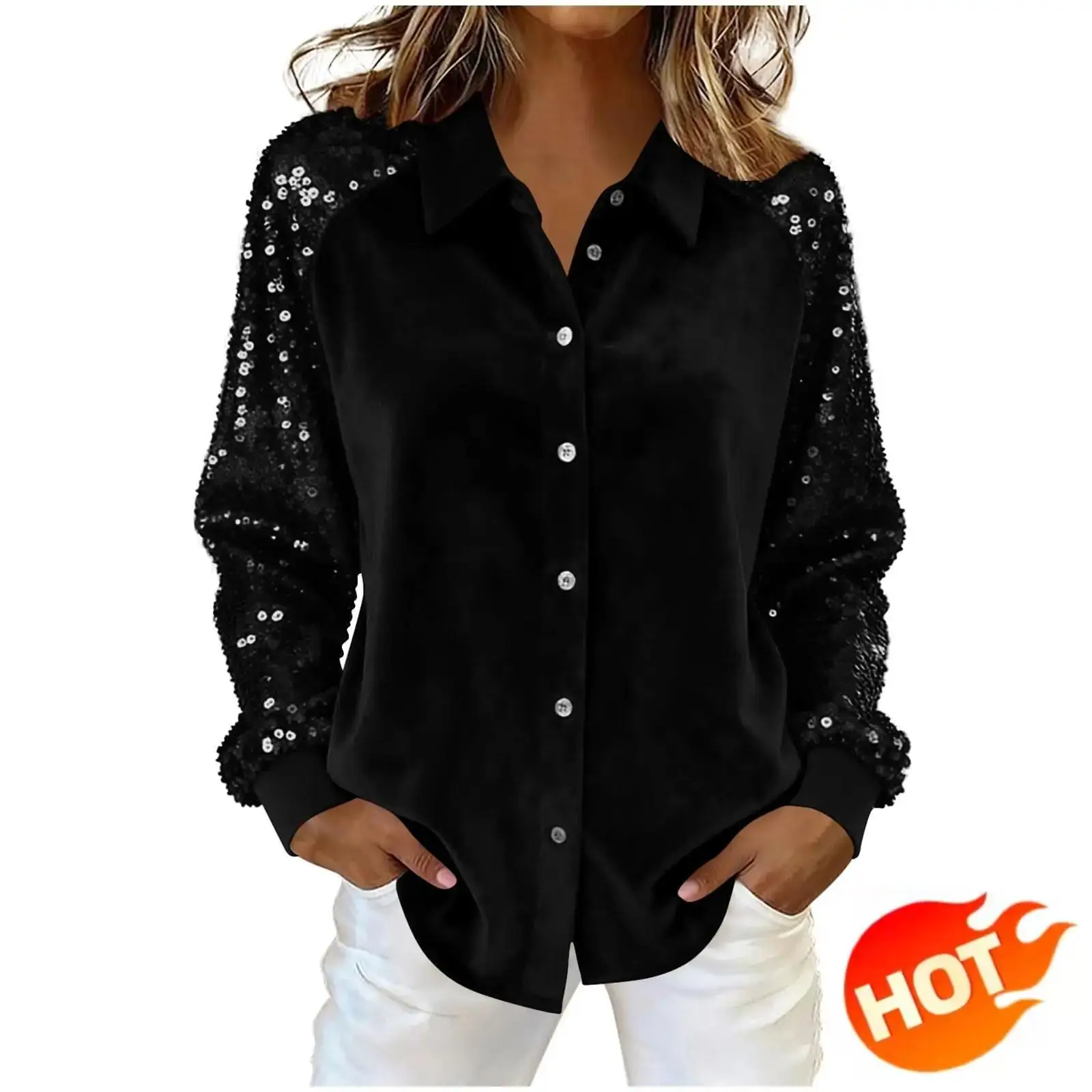 

Fashion Women's Fashion Solid Color Collar Long Sleeve Button Glitter Gold Velvet Spliced Shirt Top
