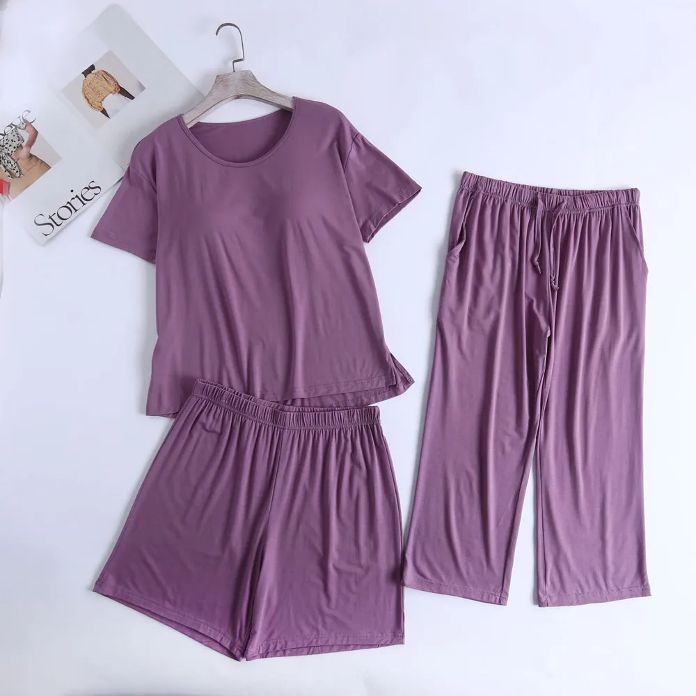 

Modal Viscose Women's 3Pcs Sleepwear With Chest Pad Pajamas Pj Set Suit For Summer Short Sleeve + Shorts + Calf Length Pant