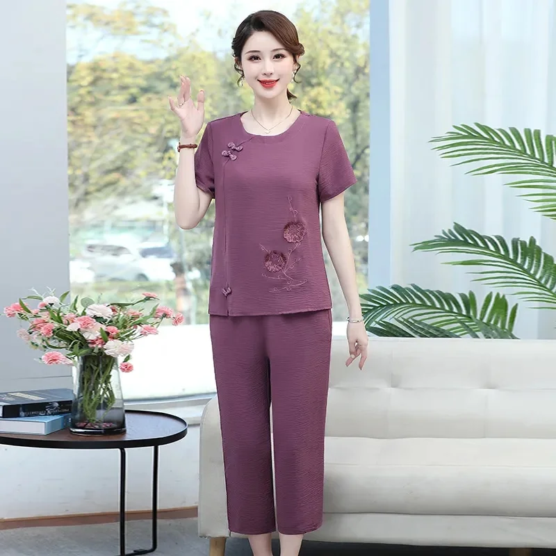 حجم كبير الأم قصيرة الأكمام تي شيرت موضة قطعتين مجموعات فستان صيفي منتصف العمر المسنين 40 إلى 50 سنة الملابس النسائية #5