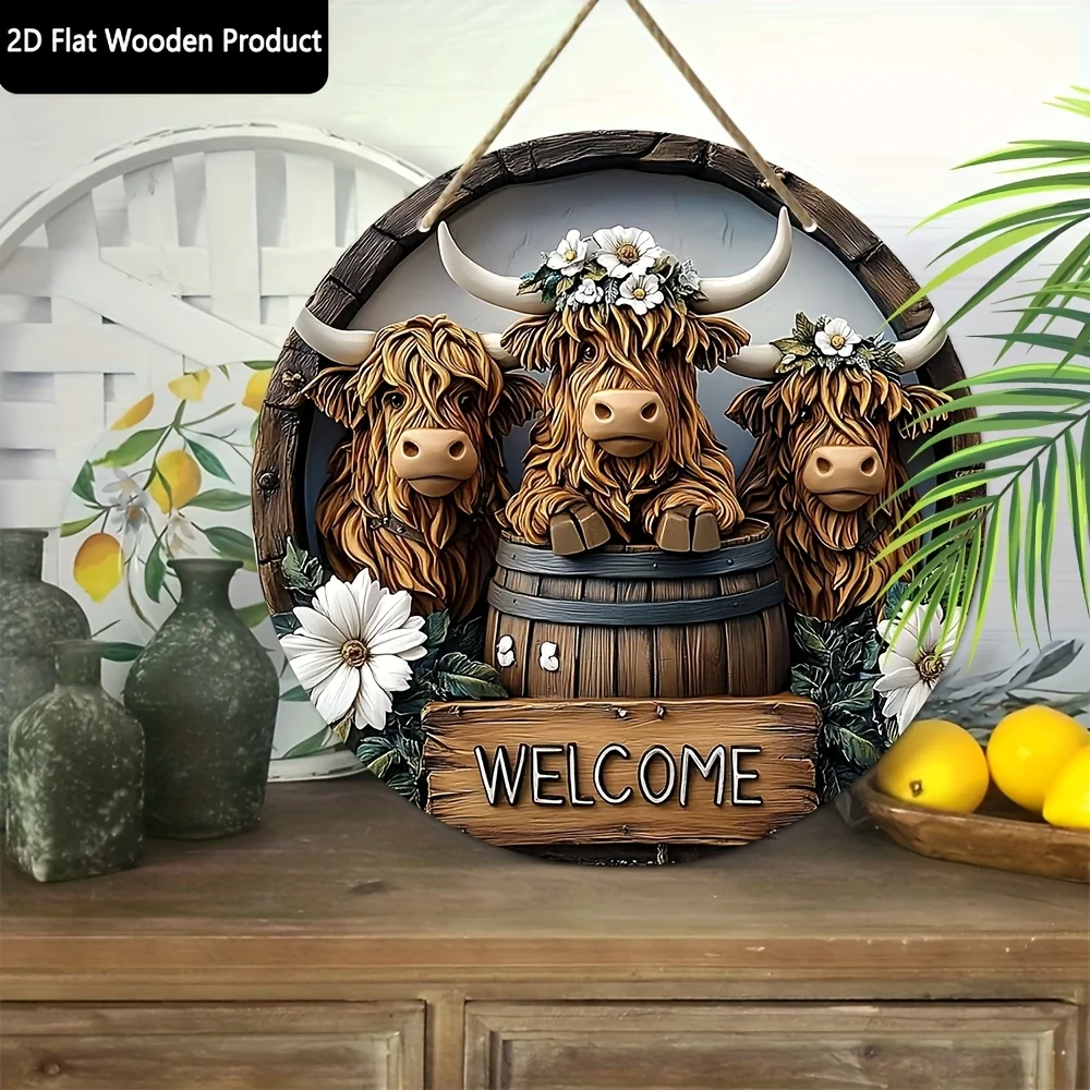 2D flache, rustikale Highland Cow Willkommensschild Wanddekoration – 2D flache Holztafel mit Blumenakzenten, gealterter Vintage-Look, 19,99 x 19,99