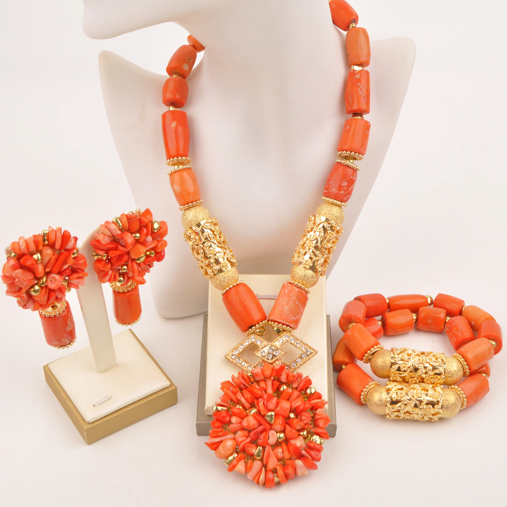 

African Necklace Natural Orange Coral Beads Jewelry set for Weddings