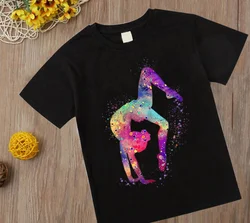 Camisetas infantis de ginástica para aguarela, camiseta personalizada infantil, presente de aniversário, exercício de ginástica, amor esportivo, preto