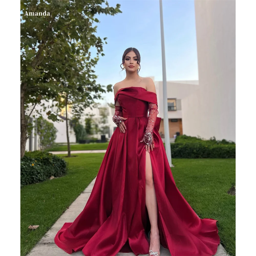 Amanda Customized Stain Strapless robes de soirée A-Line Side High Split Evening Dresses Wedding Party Bow Draped Wedding Dress