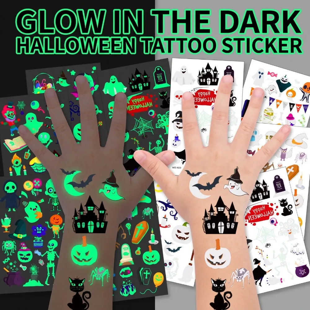 20 Set/Sheet Pre-cut Halloween Tattoos, Glow in The Dark Temporary Tattoos, Halloween Party Favors, Decorations, Gifts, Makeup