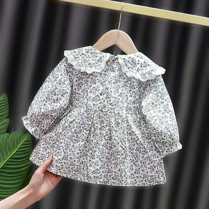 2024Spring and Autumn New Girls Floral Ladylike Lapel Instafamous Princess Dress1Y-3Y