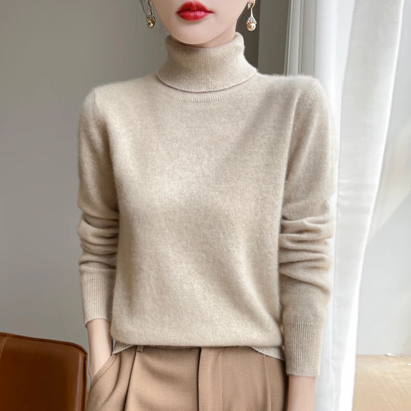 ZYCZCXX Women's Pure Wool Sweater Solid Female Pullover Turtleneck Lady Basic Soft Jumper Spring Autumn Winter Hot Sale Tops