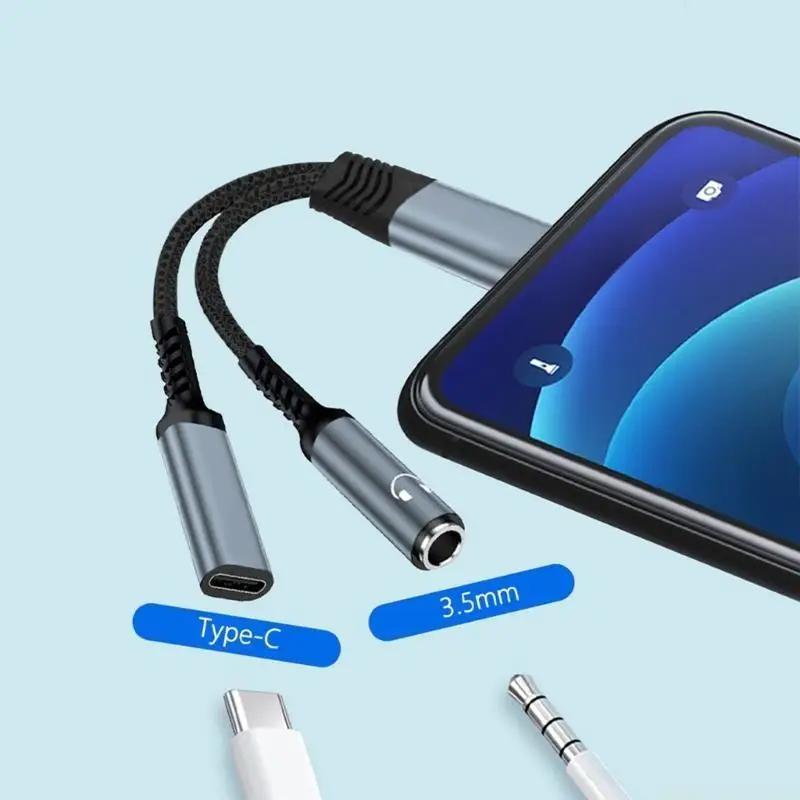 M5TD Gold Plateds USB C To 3.5mm PD60W Charging Cord Braideds Losslessly Sound Cable