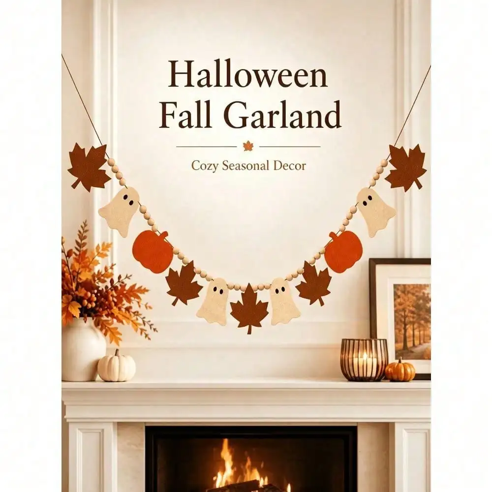 Autumn Harvest Halloween Felt Wreath With Ghost, Pumpkin, Maple Leaf, Wooden Bead Banner, Autumn Thanksgiving Fireplace Wall Hanging Decor, Indoor