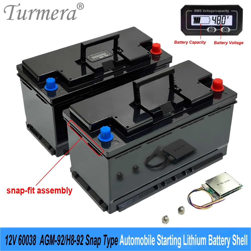 Turmera 12V Empty Car Starting Battery Housing 60038 AGM92 4S 12.8V 100A Balance BMS For 3.2V 100Ah LiFePO4 Battery DIY Assembly