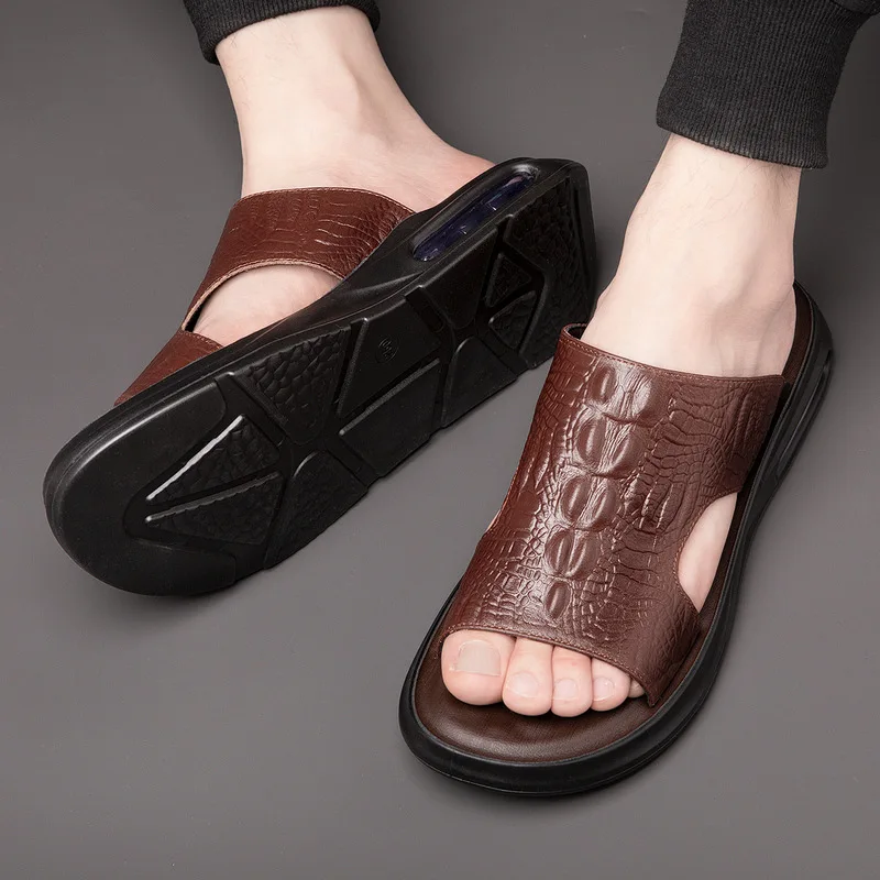 Summer New Shoes for Men Genuine Leather Sandals Classic Crocodile Print Casual Slipper Air Cushion Flip Flops Cool Beach Shoes