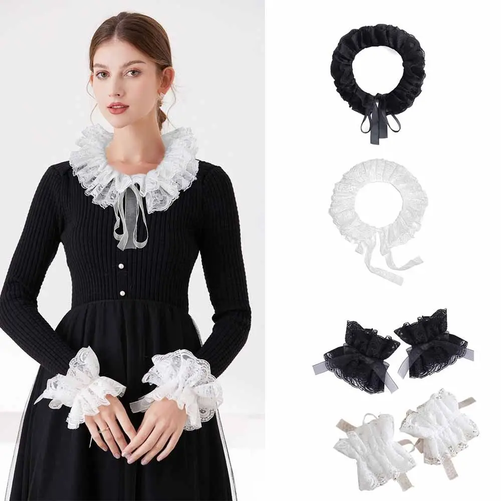 

Lace Ruffled Lace Fake Collar Black Elegant Blouse Shoulders Fake Collar Vintage White Shawl Detachable Front Tie Costume Props