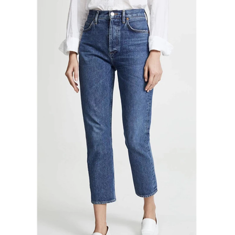 Maxdutti Summer American Retro Dark Blue Woman Clothes Women's Denim Pants High Waisted Straight Leg Cropped Jeans For Women