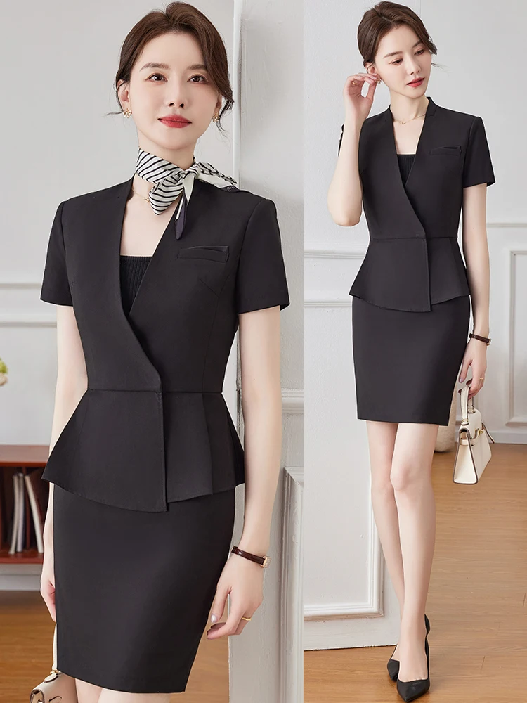 Black Professional Suit Set Women's Summer Elegant Goddess Style Hotel Front Desk Jewelry Store Beauty Therapist Work Uniform