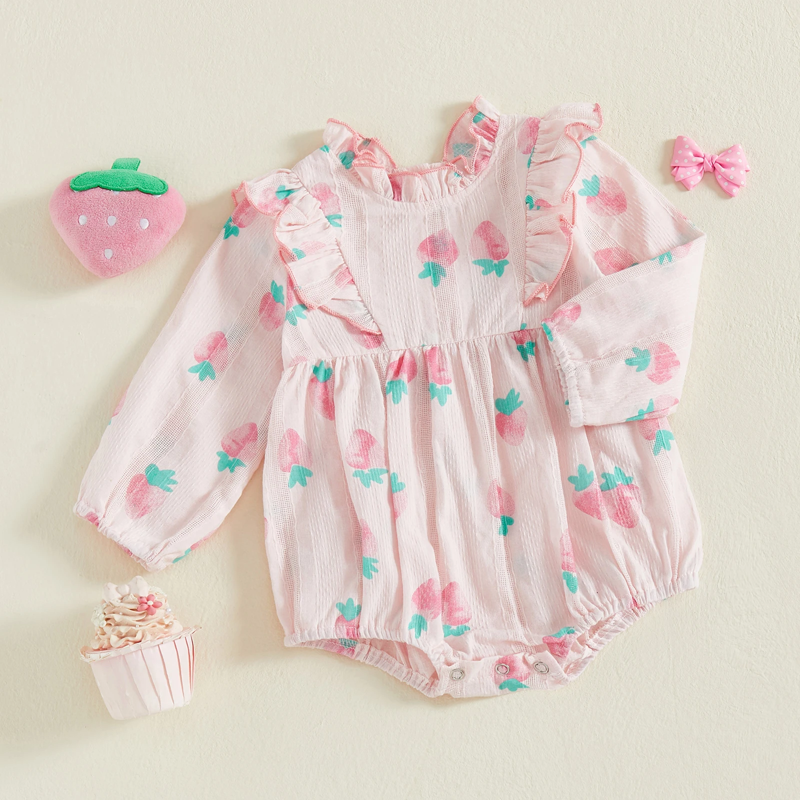 

Tregren Infant Baby Girls Romper Strawberry Print Ruffled Frill Mock Neck Long Sleeve Ruffled Jumpsuit Sweet Bodysuit Clothes