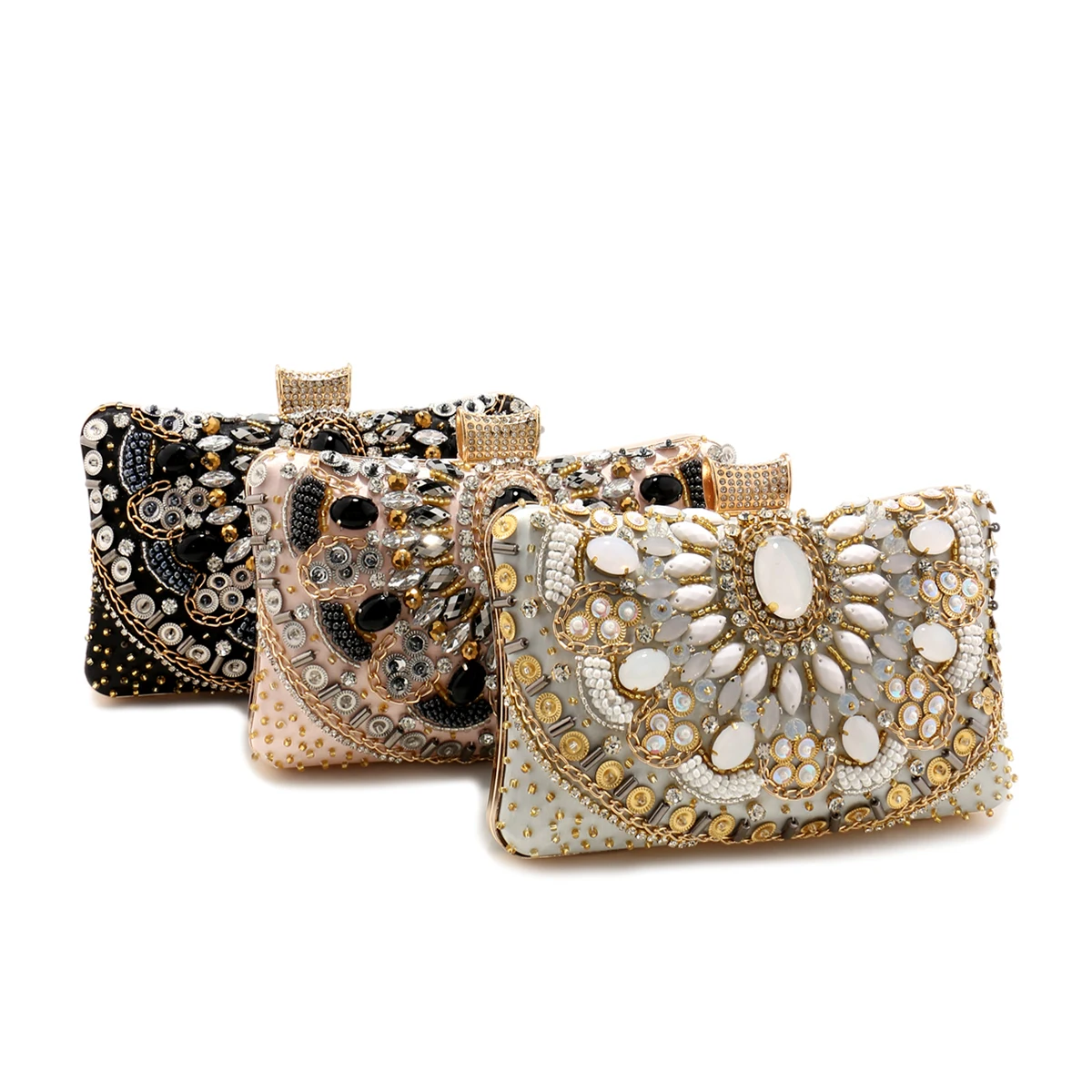 Vintage Women Black Beaded Evening Clutch Bags Ladies Box Metal Clutches Wedding Cocktail Party Handbags Purses