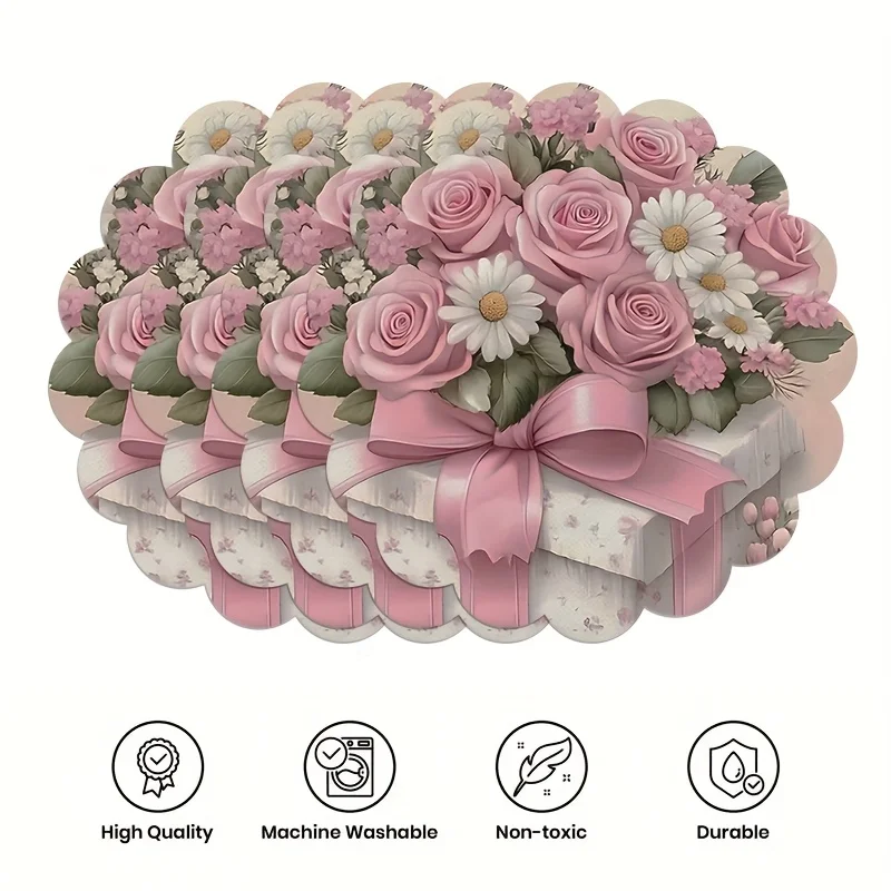 Round Scalloped Floral Placemats Pink Rose Bow Linen Mats Non-Slip Heat Resistant for Romantic Wedding Dining Table Decor