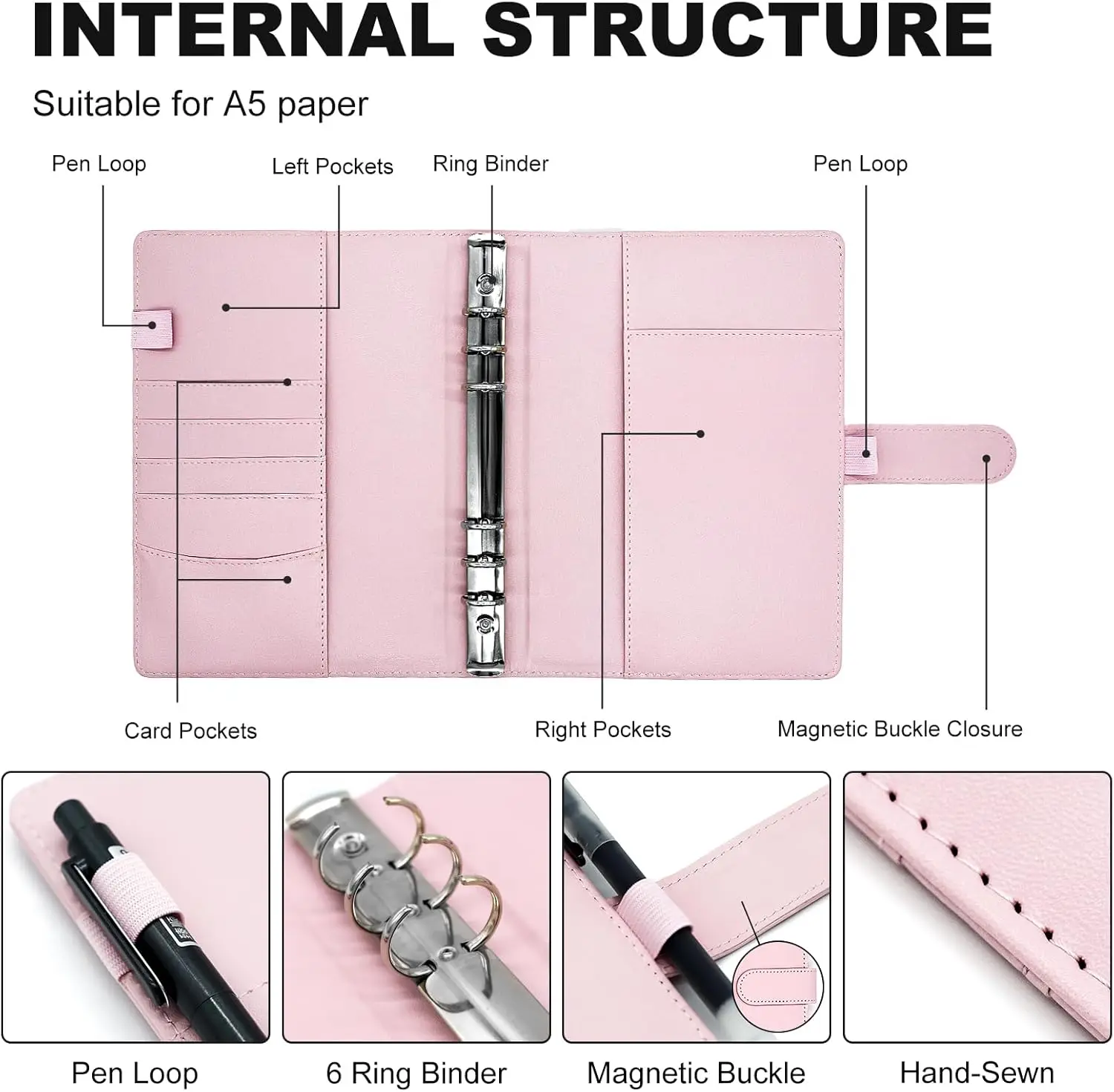 New Refillable PU Leather Album A5 Photocard Binder 6 Ring with 25 sheets double-sided pockets left and right openings