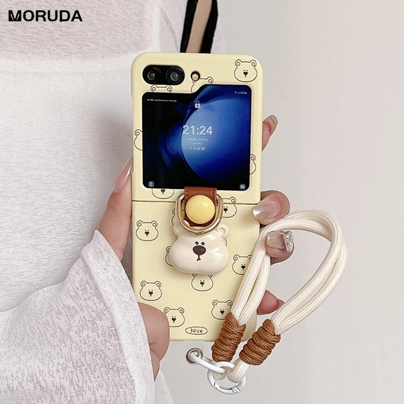 Cute 3D Bear Hand Strap Case for Samsung Galaxy Z Flip 6 5 4 3 Lanyard Ring Holder Shockproof Cover for Samsung Flip6 ZFlip5