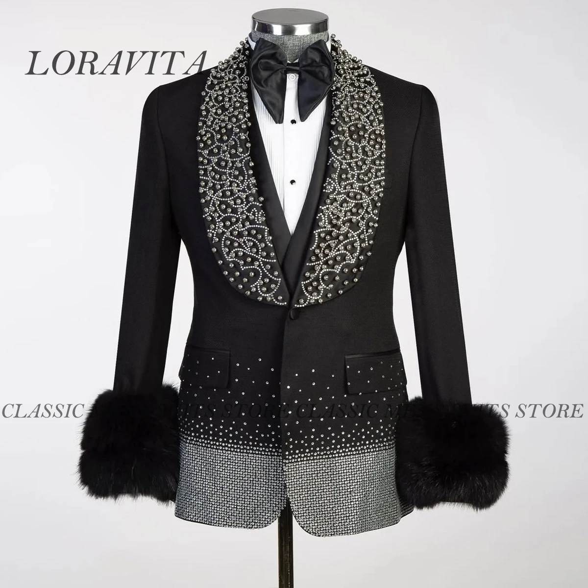 

Exquisite Customized Beads Men Suits Diamond 2 Pieces Male Prom Party Blazers Widde Lapel Slim Fit Wedding Groom Tuxedos Homme