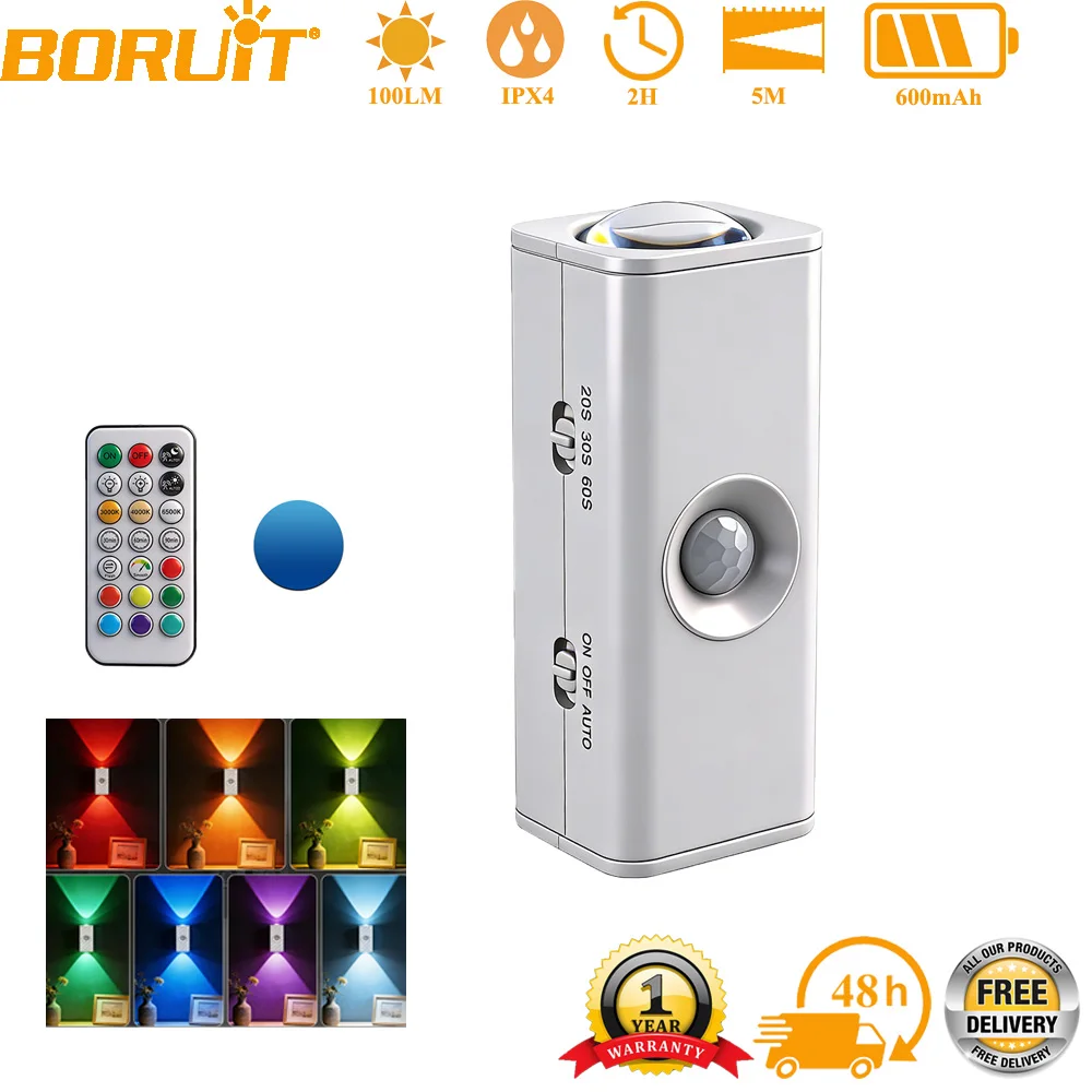 

Светодиодный ночник BORUiT с датчиком движения, двойной головкой, перезаряжаемый, магнитный, RGB, регулируемый, настенный светильник с пультом ДУ для коридора