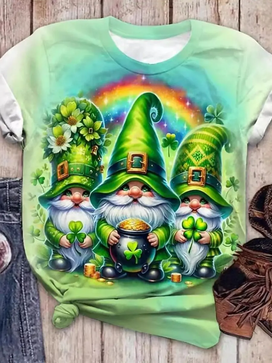 St.Patrick’s Day Women's T-shirt Green Lucky Clover Cute Animal 3D Print Crew Neck Outdoor Short Sleeve Tops Women Clothing