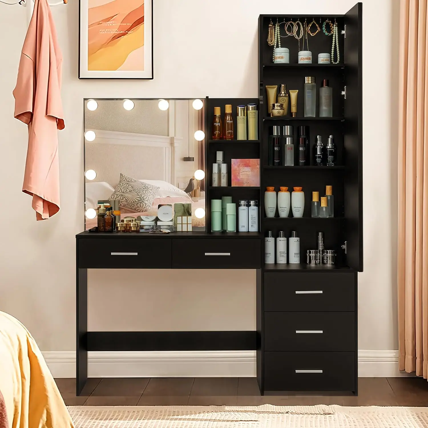 

47.2" Large Vanity Desk with 10 Lights Bulbs Full-Length Mirror, 70.9" High, Makeup and 5 Drawers, Vanity with Mirror Cabinet
