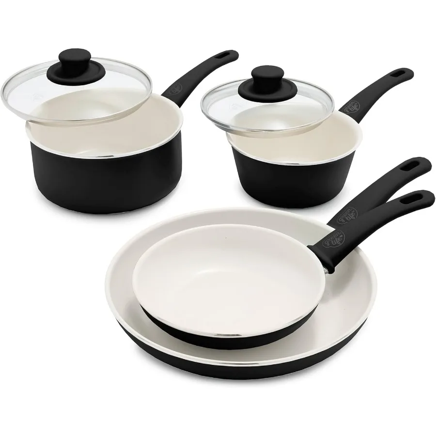 

Soft Grip Healthy Ceramic Nonstick Set 7" and 10" Frying Pan Skillets 1QT and 2QT Saucepans with Lids PFAS and PFOAFree Dishwas