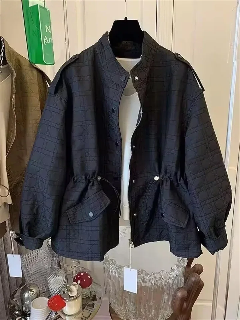 

Pop Vintage Drawstring Lace Up Plaid Jackets Women New Autumn Stand Collar Zipper Long Slevee Outwear Female Trench Coat