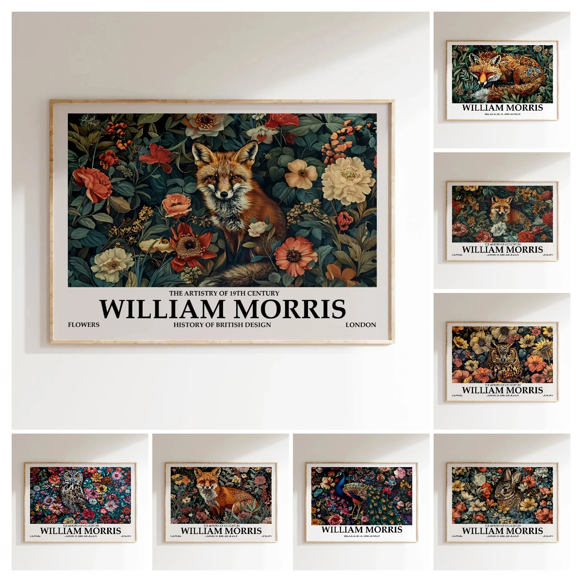 Retro William Morris Canvas Poster - Unframed Fox Flower Mid-Century Room Decoration Poster for Living Room Decor Gifts