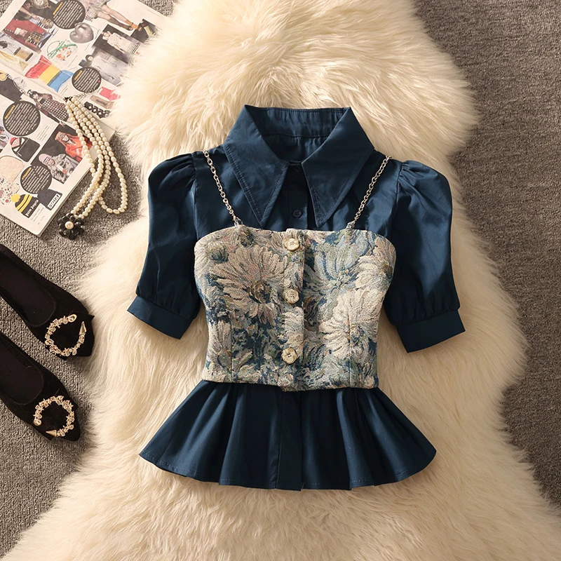 2026 Summer New Fashion Slim Fit Shirt And Floral Tank Top Two Piece Set Women's Casual Style Short Sleeve Button up Top
