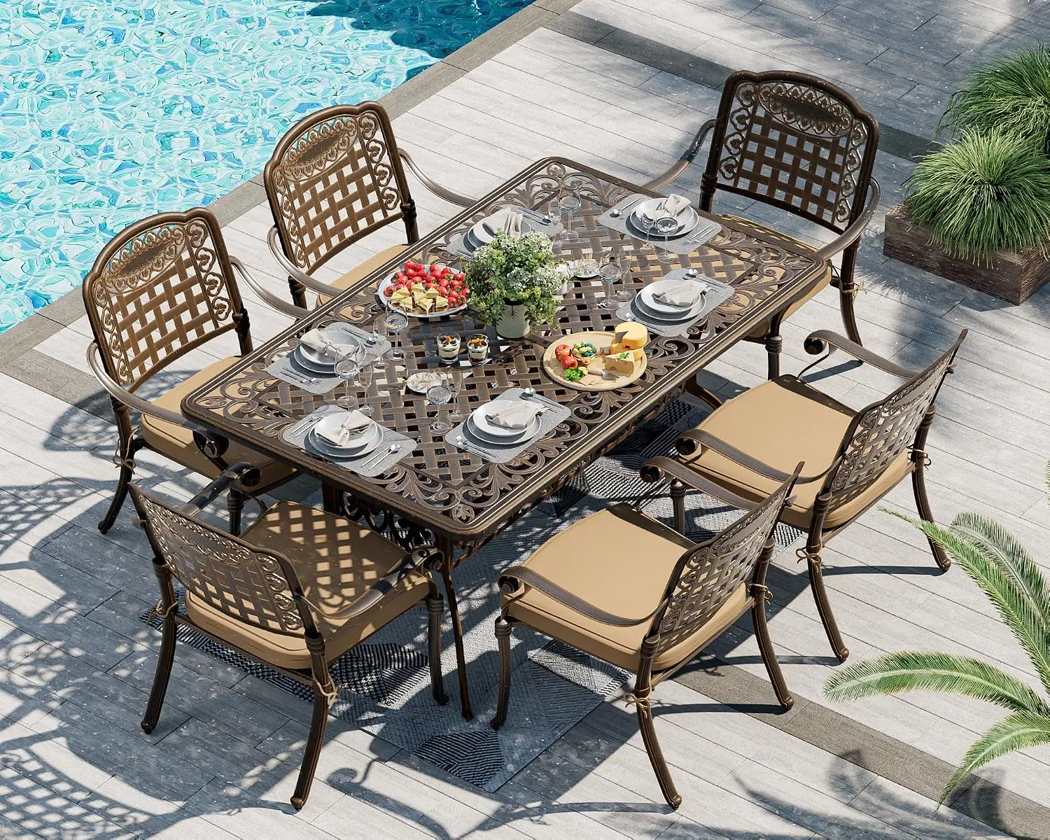 Cast Aluminum Patio Dining Set 7-Piece W/Cast-Top Table & Chairs, Customized