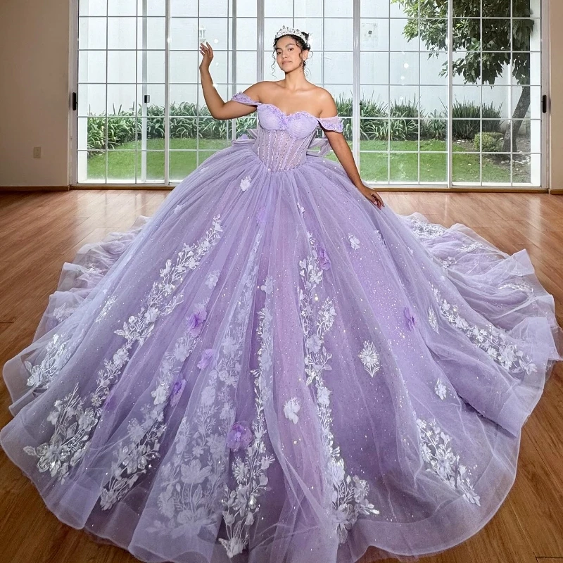 

Lavender Shiny Quinceanera Dresses Ball Gown Off Shoulder Floral Applique Beads Tull Corset Sweet 16 Dress Vestido De 15 Anos