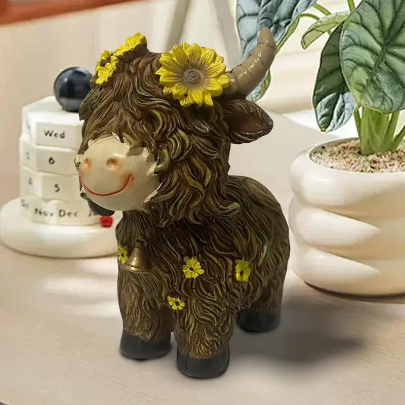 Estatuilla de resina de ganado con flores, figurita coleccionable para mesa de granja, decoraciones de jardín del hogar