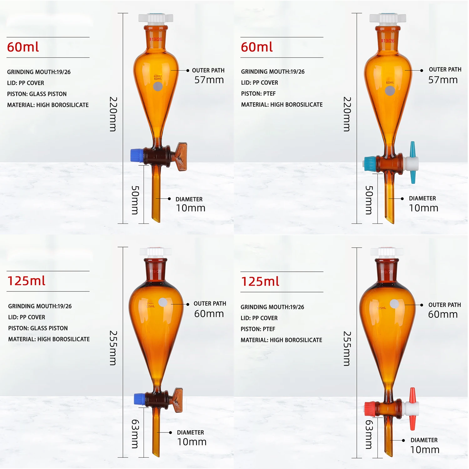 

Brown pear-shaped liquid separating funnel with tetrafluoro/glass piston borosilicate glass instrument 60 125 250 500 1000mL