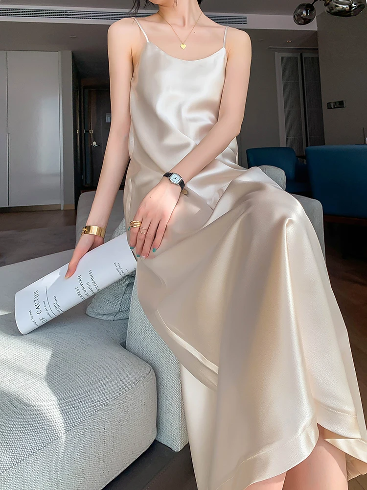 

Yang Spring Summer High End Ele Acetate Satin Strap Dr Small Design Sense Skirt Korean Sle High Waist A-Line Dr