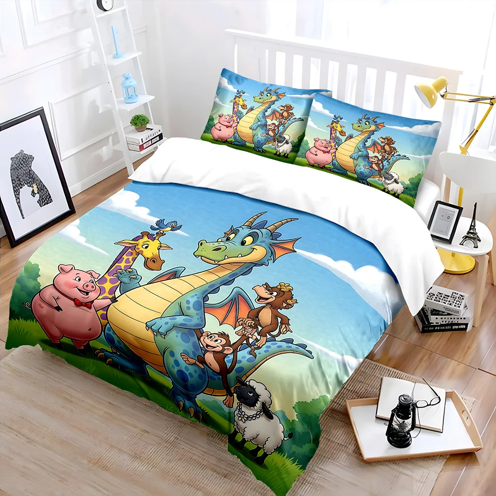 Dragon and animal friends gathered Pattern Duvet Cover Set Digital Print Colorful Polyester Bedding with Zipper Closur for gifts