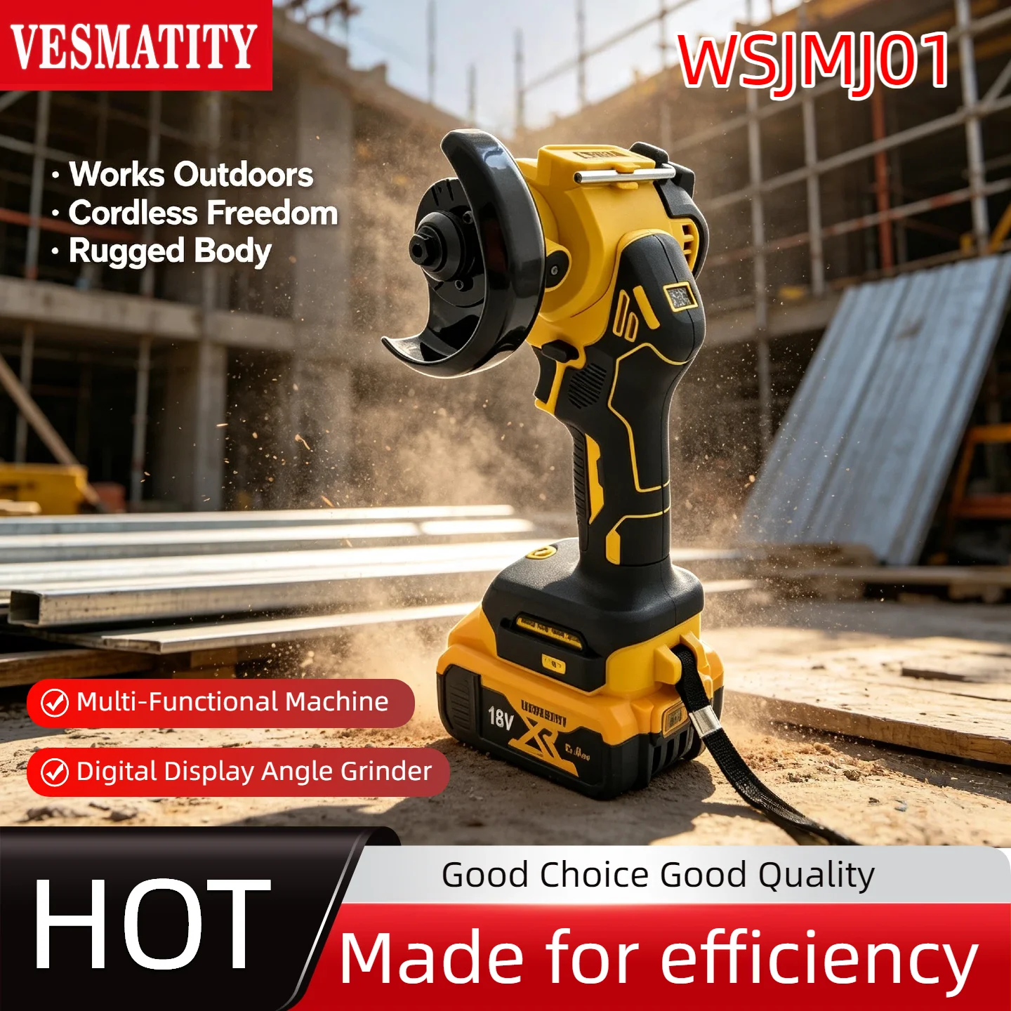 VESMATITY Angle Grinder Digital Display Polishing Grinding Machine Cordless Electric Cutting Tools For Dewalt Battery Pro Unit