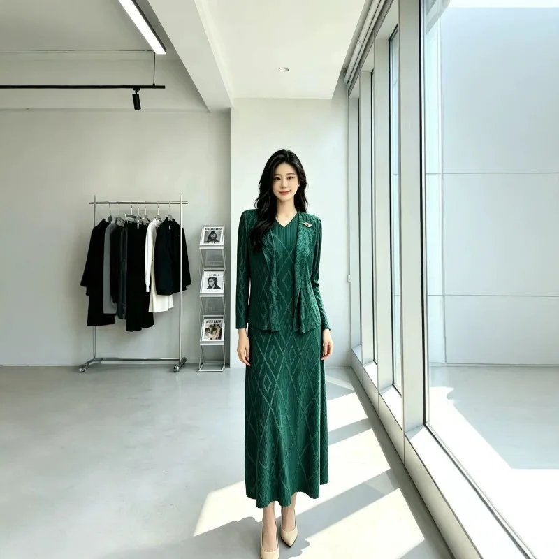Miyake Dress Set Women 2026 Plisse Autumn Plus Size Quilted Fold Short Lapel Cardigan+Matching Long Skirt Pleats 2-Piece Set