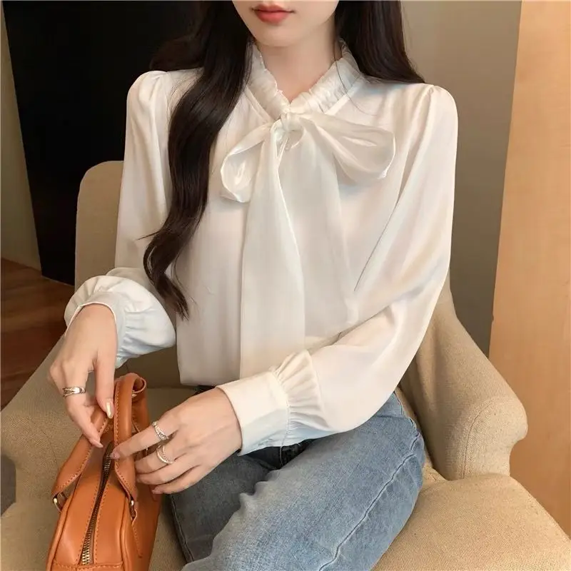 2024 Spring Autumn New French Style Chic Women\'s Round Neck Solid Spliced Drawstring Bow Button Blouses Loose Long Sleeve Shirts