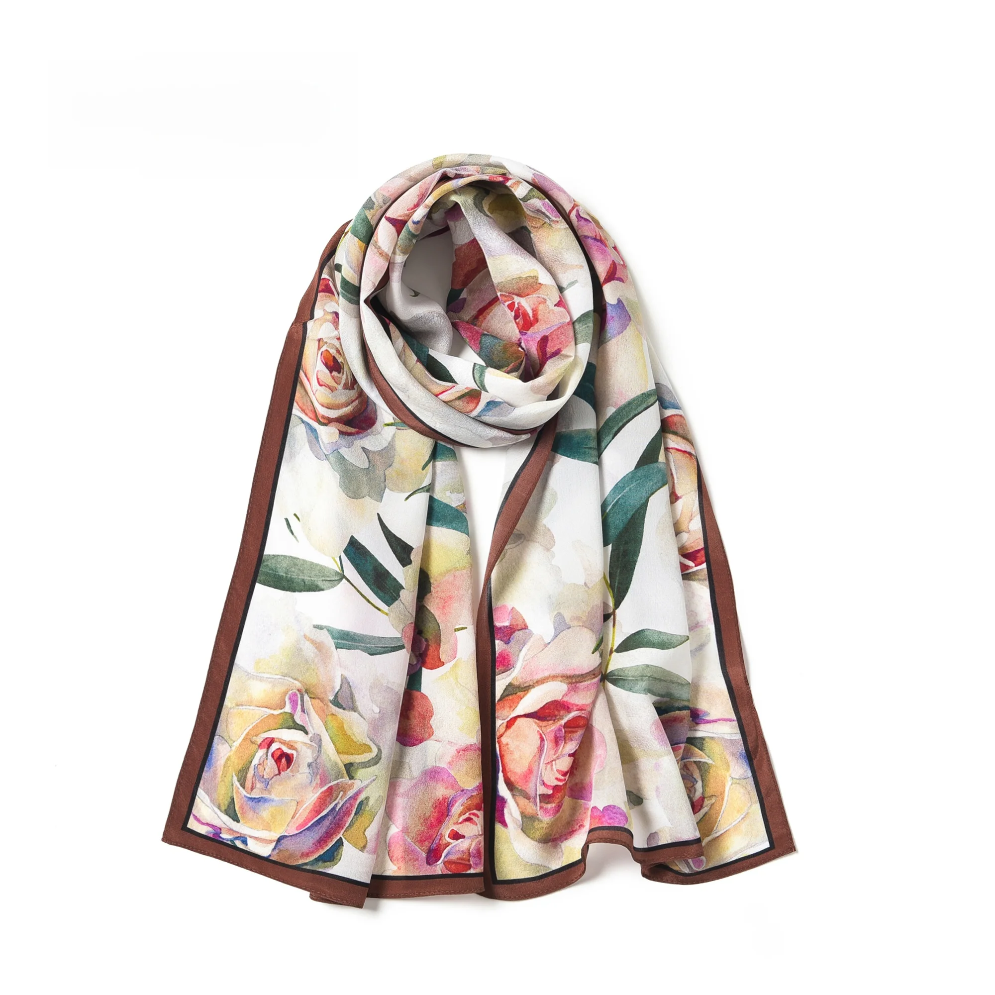 シルクロングスカーフ女性用水彩ローズプリントファッショナブル多用途通勤春秋冬季節多機能スカーフ