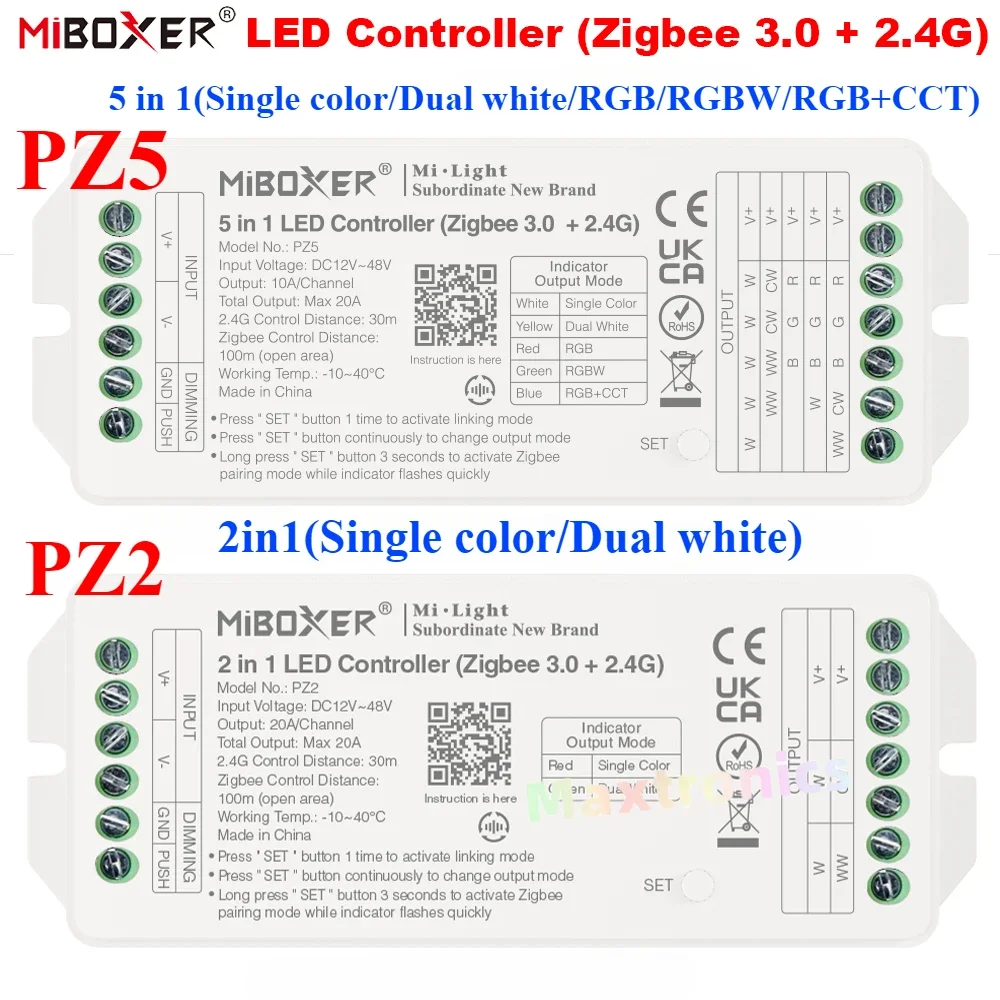 DC12 ~ 48V Miboxer Zigbee3.0 +2.4G 2IN1-PZ2/ 5IN1-PZ5 RF LED تحكم ماكس 20A لشريط LED أحادي/مزدوج اللون /RGB/RGBW/RGB + CCT