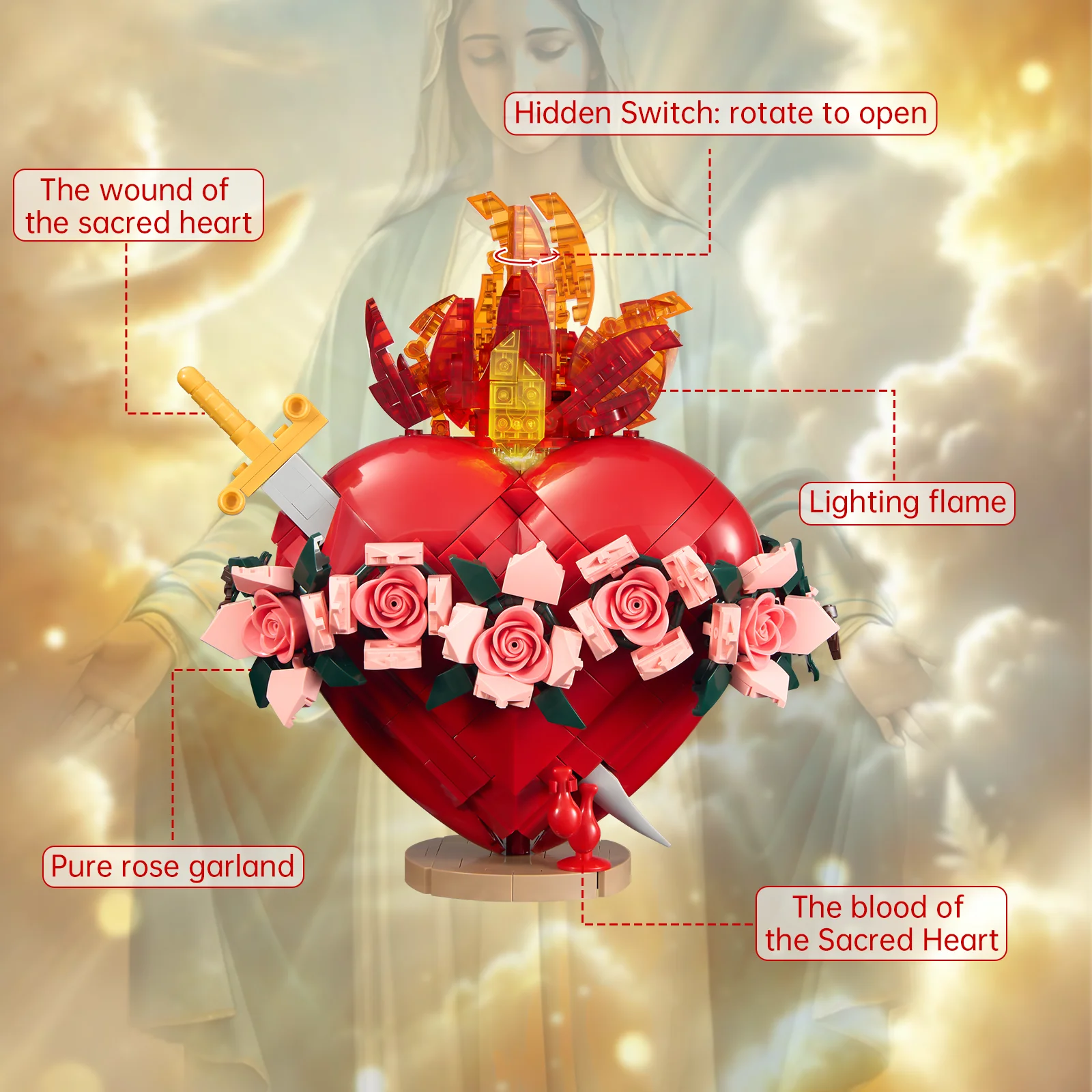 مجموعة مكعبات بناء قلب مريم المقدس مع ضوء LED، لعبة يسوع لتزيين غرفة الصلاة دينية مسيحية للبالغين