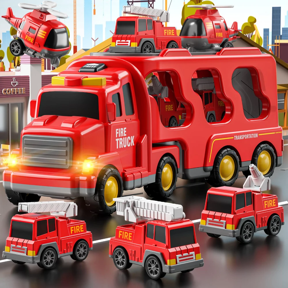 WizKidz Fire Toys for Kids 5 in 1 Carrier Truck Transport Friction Power Vehicles per ragazzi e ragazze dai 3 ai 9 regali di compleanno