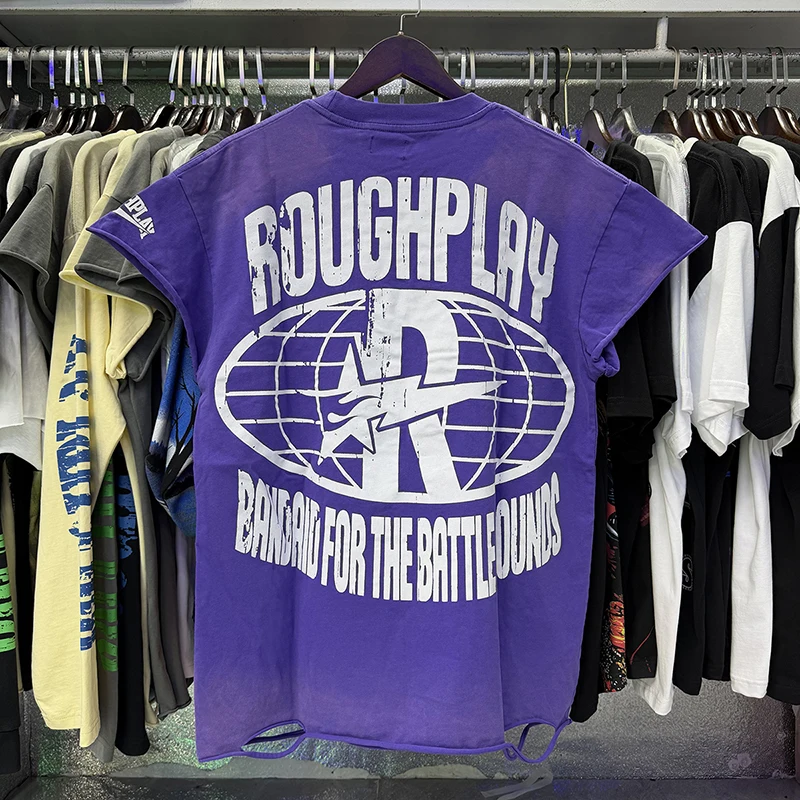 2026SS Rough Play Men's T Shirt Purple Washed Distressed Figure Rhinestone Letter Print Oversized Short Sleeve Tee