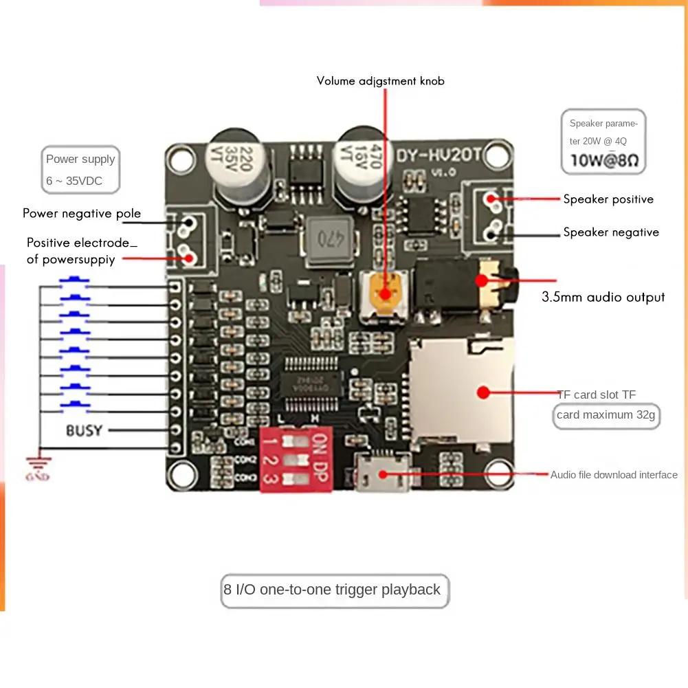 

A92Z DY-HV20T модуль воспроизведения голоса 12 В/24 В источник питания 10 Вт/20 Вт усилитель с поддержкой карты Micro-SD MP3-плеер для Arduino