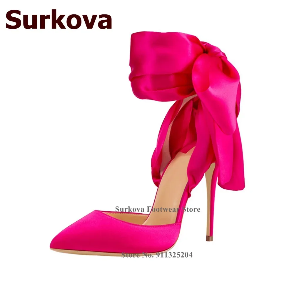 Surkova Hot Pink Red Silk Fabric Wedding Shoes Big Bowtie Lace-up High Heel Pumps Shallow Butterfly-knot Party Shoes Size46