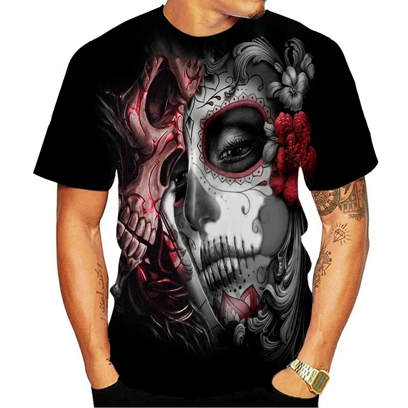 Crânio 3D beleza padrão impressão camiseta masculina, camiseta de manga curta, top de Harajuku, streetwear extragrandes, hip hop, o pescoço,